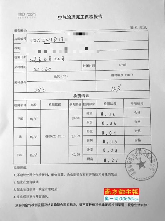 對同一房間的檢測報告 自如的檢測報告:甲醛未超標.